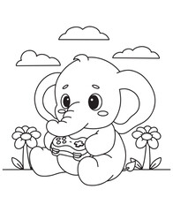 Coloring book elephant playing video games with a controller, sitting between flowers under a cloudy sky