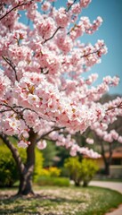 Fototapeta premium Full bloom sakura tree, pink and white blossoms, vibrant spring landscape, soft, sunlight