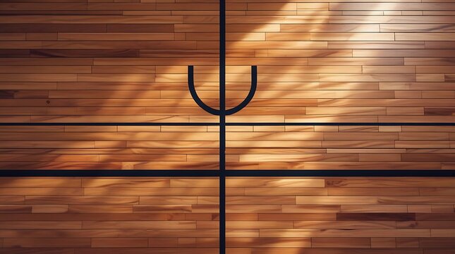 Shiny polished hardwood basketball court with bold black game markings captured from above, showcasing the clean symmetry and smooth reflective texture of the gymnasium floor

