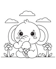 Coloring book elephant eating ice cream, sitting between flowers under a cloudy sky