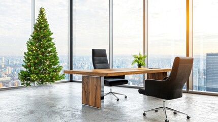 Fototapeta premium Modern desk setup with christmas tree office room interior design urban environment wide angle festive concept
