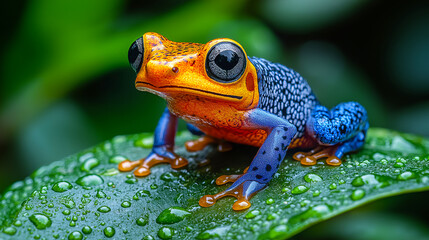 Close up macro shot of a granulose poison frog on a leaf in the rainforest of costa rica