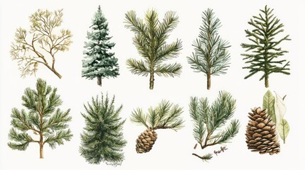 A botanical illustration showcasing different conifer species