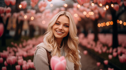 Smiling Woman Surrounded by Blooming Tulips and Twinkling Garden Lights