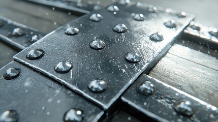 Hyperrealistic dark metal surface with rivets industrial setting close-up view textured design