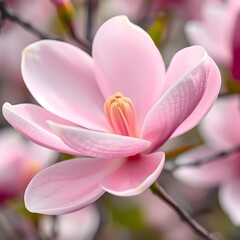 Fototapeta premium This image captures the delicate beauty of a pink Magnolia flower, a symbol of springtime freshness and renewal, in a gentle, soft-focus close-up.