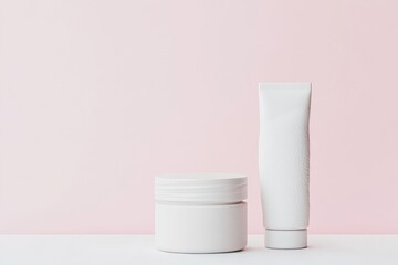Empty white cosmetic containers on a pink background