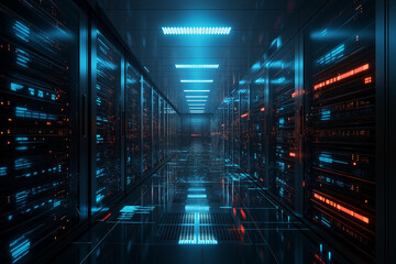 Fototapeta premium Dark spacious interconnected servers room with display of neon data and information while connected with cloud computing for virtualization approach