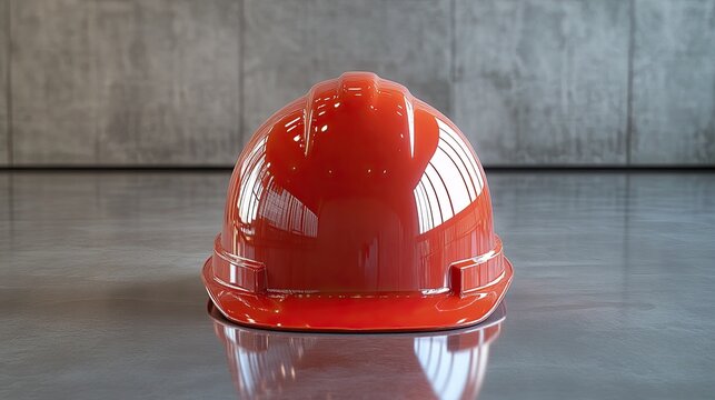 Red hard hat resting on a gray surface, representing safety precautions and injury avoidance in industrial settings --