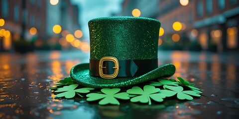 A glittering green leprechaun hat with golden buckle surrounded by shamrocks on a wet street at night, celebrating Saint Patrick's Day in an urban setting with bokeh lights

