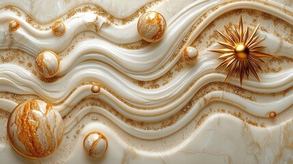 Elegant marble waves adorned with golden spheres and starburst
