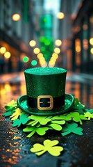 A glittering green leprechaun hat with golden buckle surrounded by shamrocks on a wet street at night, celebrating Saint Patrick's Day in an urban setting with bokeh lights

