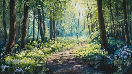 Fototapeta premium Sunlit forest path, dappled light, blooming flowers.