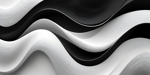 Minimalist abstract black and white 3D wave pattern with fluid curves and glossy texture, creating a dynamic visual flow perfect for modern design and artistic backgrounds.

