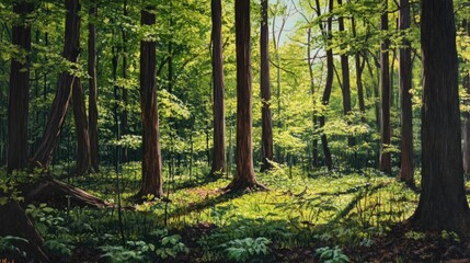Fototapeta premium Sunlit forest scene; tall trees, lush undergrowth.