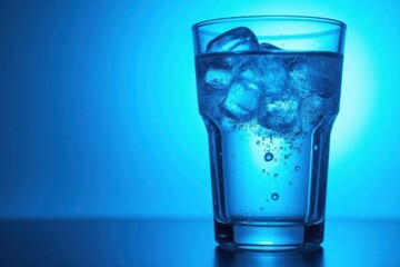 Refreshing cold water glass with condensation isolated blue light background