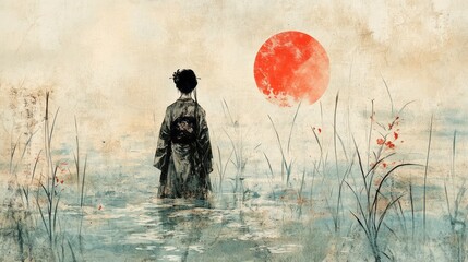 Geisha stands peacefully in water facing rising red sun