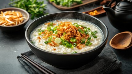 Delicious Bowl of Rice Porridge with Crispy Toppings and Herbs