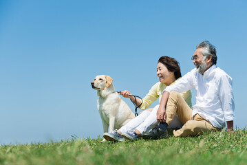 海の見える丘で愛犬と触れ合うシニア夫婦