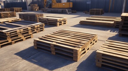 Stacked wooden pallets in a busy warehouse yard under bright sunlight, showcasing industrial layout
