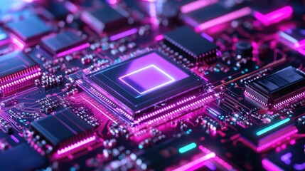 Obraz premium Abstract Digital Circuit Board with Vibrant Neon Lighting Effects