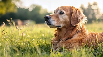 Relaxing farm dog grass field animal photography sunny day side view tranquil moment