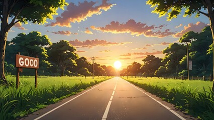 Fototapeta premium Driving on a Country Road at Sunset with Trees and Green Grass