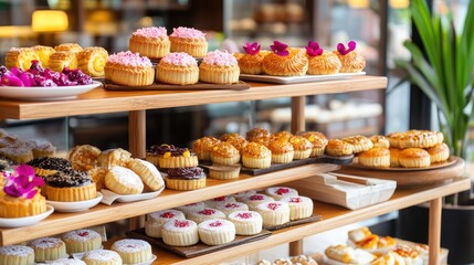 Colorful Display of Gourmet Pastries in a Modern Bakery Setting