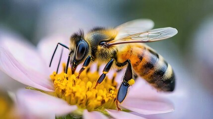 Fototapeta premium Honeybee pollinating flower nature closeup garden macro view new recovery process