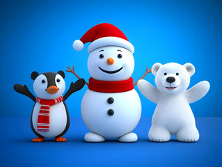 Joyful 3D Render of Snowman, Penguin, and Polar Bear  Celebrating Winter Festivities on Blue Background
