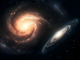 Obraz premium Cosmic Dance: Two Spiral Galaxies Intertwine in a Breathtaking 3D Render of Deep Space, Showcasing Celestial Beauty and the Vastness of the Universe.