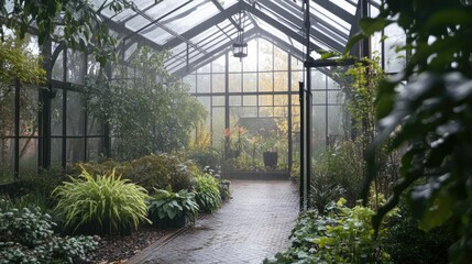Obraz premium Rain-soaked plants inside glass greenhouse.