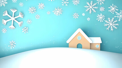 Naklejka premium 3D Render of a Cozy House on a Snowy Hill with Falling Snowflakes, a Winter Wonderland Scene