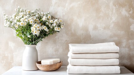 Serene Bathroom Decor with Flowers, Towels and Natural Elements