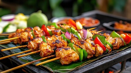 Grilled Chicken Skewers with Colorful Vegetables on a Banana Leaf