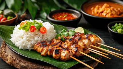 Grilled Chicken Skewers with Rice and Spicy Sauces on Leaf Plate