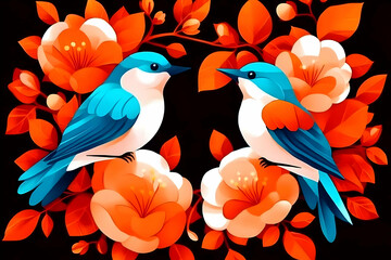 Vibrant Digital Illustration of Two Blue Birds Perched on Orange Blossoms Against a Black Background