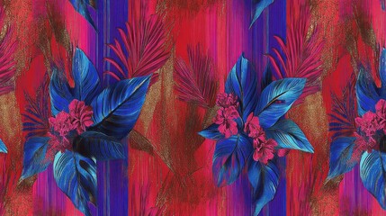 Vibrant Tropical Leaves Pattern on Red Background