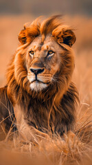 Obraz premium Majestic Lion Resting in the Savannah: Capturing the Essence of a Regal Predator in Its Natural Habitat