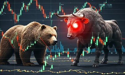 Brown Bear and Red Eyed Bull Facing Off Against Stock Market Chart Background