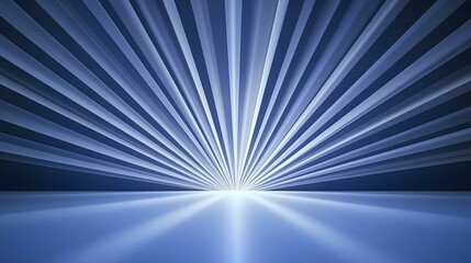 Fototapeta premium The image contains an abstract design of numerous light blue, radiating lines converging at a central point on a flat surface, creating a burst of light effect.