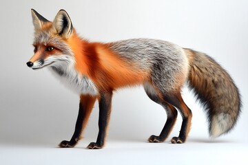 Fototapeta premium A striking red fox with a bushy tail, poised on a white backdrop. 