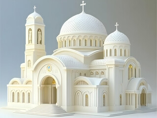 3D Model of a White Orthodox Cathedral with Domes and Crosses, Detailed Architectural Render