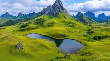 Fototapeta premium Alpine valley with a tranquil lake nestled in a vibrant meadow, amidst rugged peaks