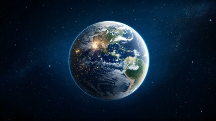 Obraz premium The image shows a detailed view of planet Earth from space, centered on the Americas, highlighting city lights and a network of connections against a backdrop of stars.