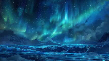 A mesmerizing aurora borealis lighting up the night sky over a frozen landscape