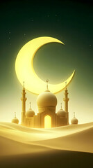 3D Render of a Mosque in a Desert at Night with a Crescent Moon Background, Islamic Art, Ramadan Kareem