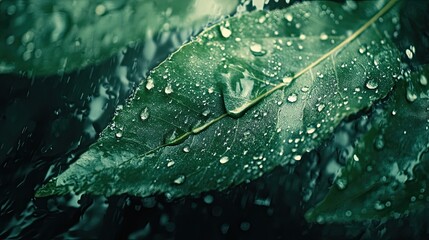 Fototapeta premium Raindrops on a Green Leaf Reflecting Light, Creating an Intricate and Artistic Natural Photography Scene