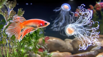 Fantastical Digital Painting of a Vibrant Guppy Swimming Among Ethereal Jellyfish in a Colorful Underwater World