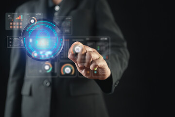 Business professional using a virtual screen for cybersecurity, highlighting encryption, secure browsing, identity authentication, and essential data protection to prevent online privacy risks.